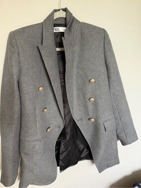 ZARA Gray Double-Breasted Military-Style Blazer with Gold Buttons